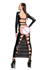 Black Faux Leather Wet Look Long Dress