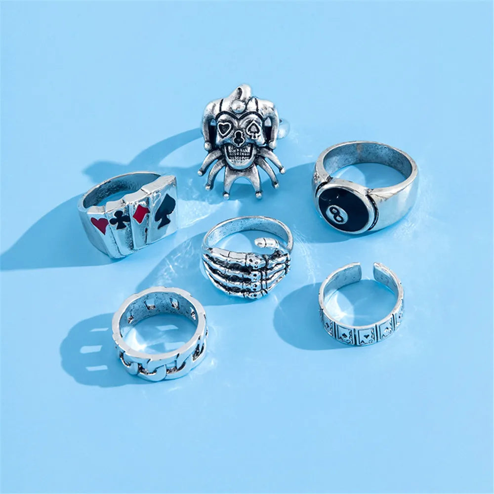 6Pcs Punk Poker Joker Silver Color Rings