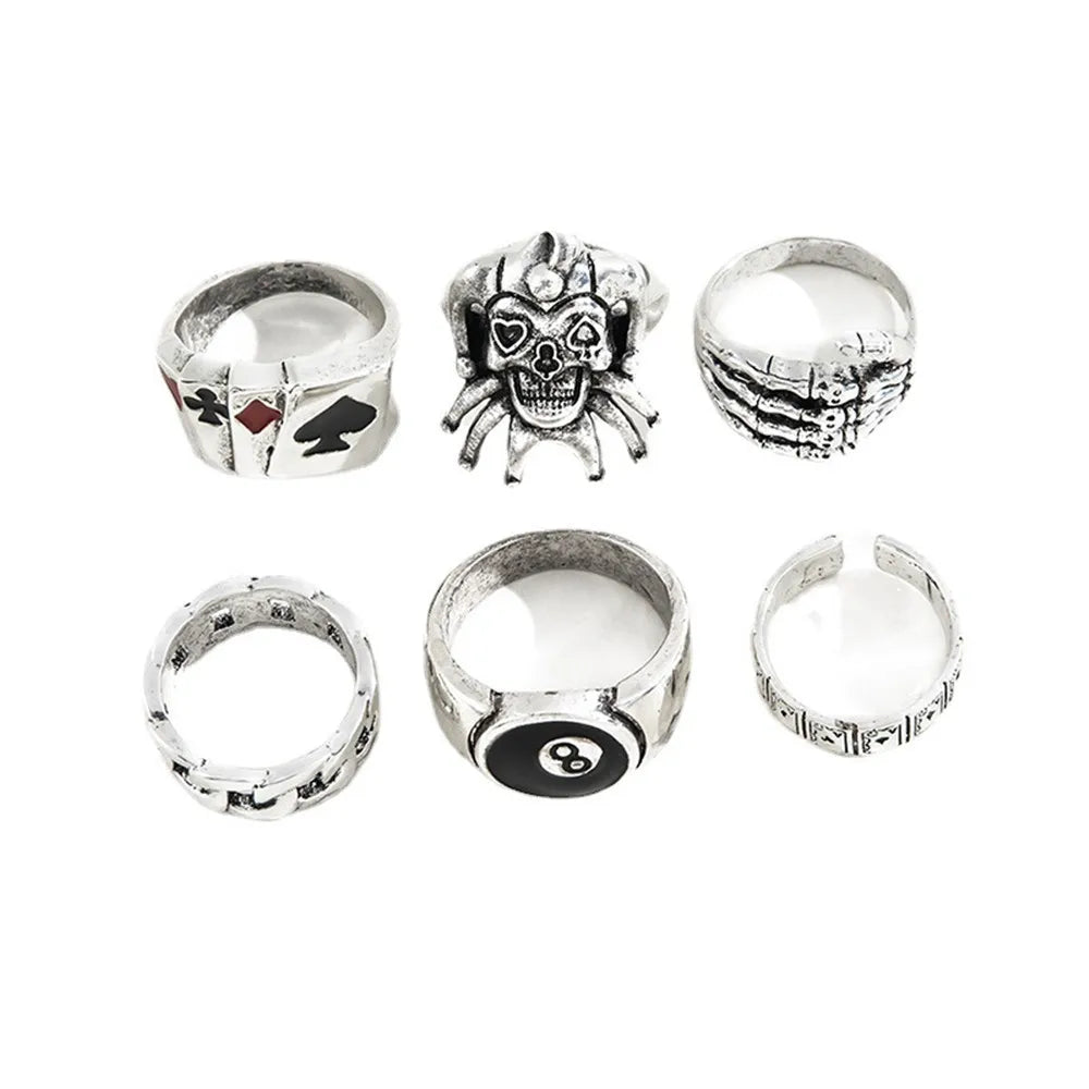 6Pcs Punk Poker Joker Silver Color Rings